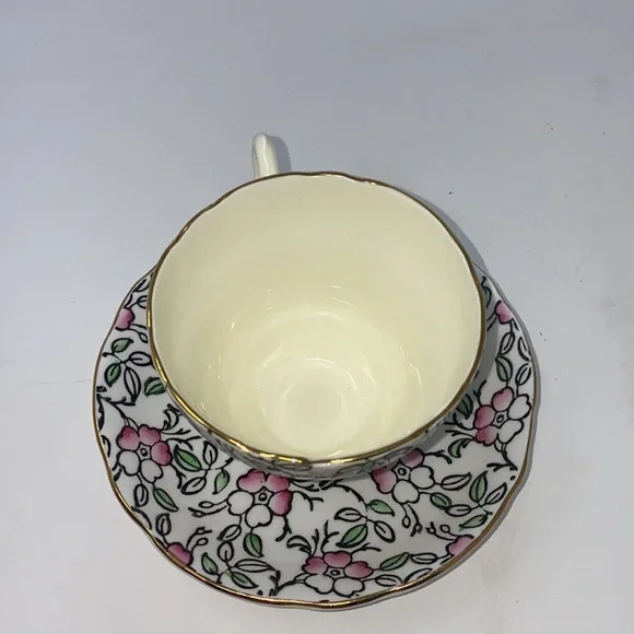 Staffordshire English Castle Teacup and Saucer, Vintage Bone‎ China MCM